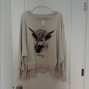Free People Beige Highland Cow Sweater